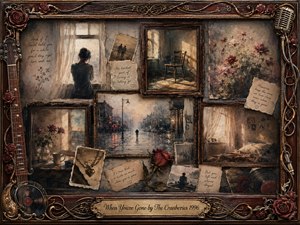 A nostalgic mixed-media collage portrays loneliness and fading memories through framed scenes of a woman at a window, an empty chair, rain-soaked streets, roses, and quiet rooms. Warm sepia, dusty blue, cream, and cranberry tones glow softly beneath aged textures, while ornate rosewood, gold filigree, instruments, and handwritten notes frame the melancholy composition.