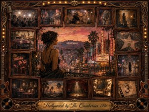 A glamorous yet wistful Hollywood night unfolds in a richly textured vintage collage, centered on a solitary woman overlooking neon-lit streets beneath the famous hillside sign. Warm amber, crimson, and smoky rose tones glow through rain-slick reflections, framed by ornate rosewood, gold filigree, guitars, records, microphones, and faded cinematic memories.
