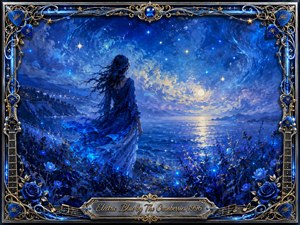 A solitary woman in a flowing blue dress stands beside a moonlit sea beneath swirling electric-blue skies. Luminous stars, silver reflections, and glowing flowers create a wistful, dreamlike mood. Rich painterly textures blend impressionistic oils with delicate highlights, framed by ornate chrome, gold filigree, guitar motifs, roses, and a central engraved title plate.