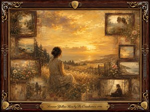 A solitary woman sits beneath glowing yellow skies overlooking a tranquil coast, surrounded by faded memory scenes in vintage rosewood frames. Warm gold, amber, and sepia tones create a wistful, nostalgic mood. Painterly oil, acrylic, and watercolor textures blend softly, while ornate musical details and a brass title plate complete the composition.