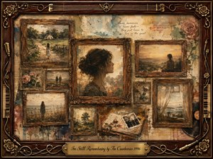 A nostalgic collage of faded memories fills ornate vintage rosewood frames, centered on a reflective woman surrounded by rural landscapes, roses, photographs, letters, and quiet solitary scenes. Warm sepia, amber, cream, and muted green tones glow softly, blending oil, acrylic, and watercolor textures beneath intricate gold musical ornamentation.