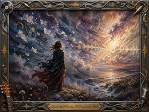 A solitary woman stands on a storm-darkened coastline, facing a radiant break in turbulent clouds where golden light spills across the sea. Deep blues, charcoal grays, burgundy, and amber create a dramatic, reflective mood. Expressive oil-paint textures, scattered paper fragments, sound-wave motifs, and an ornate musical frame enrich the composition.