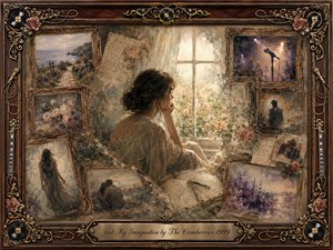 A wistful woman sits beside a softly glowing window, surrounded by rosewood-framed memories of coastlines, flowers, romance, solitude, and a distant stage. Warm sepia, cream, rose, and muted violet tones create a tender nostalgic mood. Painterly textures blend oil, acrylic, and watercolor, framed with ornate gold, records, roses, guitars, and microphones.
