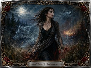 A dark-haired woman strides through a moonlit forest as spectral wolves emerge from swirling mist around her, evoking instinct, vulnerability, and fierce determination. Deep blues, charcoal blacks, crimson accents, and warm distant lights shape the dramatic oil-painted scene. An ornate metallic frame of roses, strings, picks, and gold filigree surrounds the artwork.
