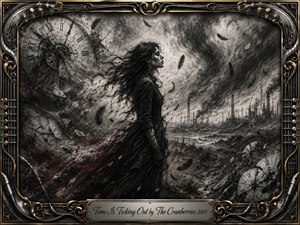 A windswept woman stands amid a devastated industrial landscape, surrounded by shattered clock faces, drifting feathers, smoke, and debris. Rendered in deep textured charcoal with muted black, gray, and crimson accents, the scene feels urgent and mournful. An ornate metallic frame with guitar strings, microphones, and gold detailing encloses the composition.