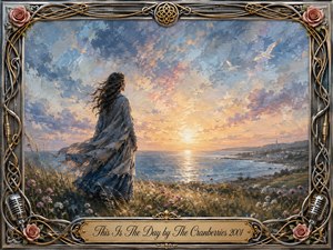 A solitary woman stands on a windswept coastal bluff, gazing toward a luminous sunrise over the sea. Soft blues, golds, and peach tones create a hopeful, reflective mood in richly textured oil-paint style. Wildflowers, soaring gulls, Celtic metalwork, roses, microphones, and an engraved title plate complete the ornate musical frame.