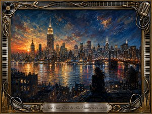 A solitary figure overlooks New Yorks glowing skyline from a dark rooftop as sunset melts into deep blue night. Golden city lights shimmer across the river beneath dramatic, textured clouds. Rich oil-painted brushwork creates a reflective, bittersweet mood, surrounded by an ornate black-and-gold musical frame with piano keys, records, microphone, strings, and engraved title plate.