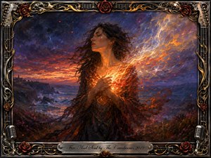 A windswept woman stands on a rugged twilight coast, cradling a brilliant flame that streams from her chest like living spirit. Deep blues, violet clouds, and fiery oranges create a passionate, reflective mood. Rich oil-painted textures, dramatic lighting, roses, guitars, microphones, and ornate gold-and-chrome framing heighten the romantic musical symbolism.
