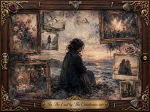 A solitary woman sits on a rugged shoreline at sunset, surrounded by fading photographs held in aged rosewood frames. Muted sepia, charcoal, dusty rose, and warm gold create a mournful, nostalgic mood. Painterly textures blend oil, acrylic, and watercolor, while guitars, roses, records, and ornate metalwork frame the memories.