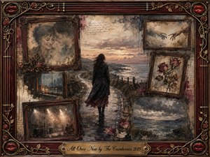 A solitary woman walks a rain-darkened coastal road through a collage of fading memories, framed portraits, roses, stormy seas, and an empty concert stage. Muted browns, charcoal grays, faded crimson, and warm gold create a wistful mood. Layered oil, acrylic, and watercolor textures enhance the nostalgic, weathered atmosphere.