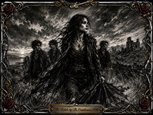 A determined young woman leads a band of rebels across a windswept coastal moor beneath turbulent skies and ruined stone towers. Deep charcoal textures, smoky shadows, and stark highlights create a defiant, haunting mood. An ornate chrome and gold frame, entwined with red roses and musical details, completes the dramatic composition.