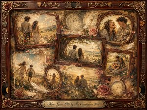 A nostalgic collage of framed memories shows a young couple and children wandering through sunlit fields, laughing, resting beneath trees, and sharing music. Warm gold, rose, cream, and muted green tones glow beneath soft afternoon light. Ornate rosewood, gold filigree, guitar motifs, feathers, roses, and faded clocks reinforce the tender, timeless mood.