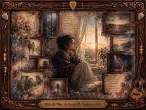 A solitary woman rests beside a glowing dawn window, surrounded by faded rosewood-framed memories of rain, roads, coastlines, friendship, and music. Muted burgundy, sepia, blue-gray, and gold tones create a weary, nostalgic mood. Painterly oil, acrylic, and watercolor textures dissolve softly beneath an ornate musical frame.