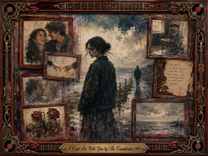 A solitary young woman stands on a rain-soaked shoreline as a distant figure fades into the mist. Surrounding rosewood frames hold tender memories of laughter, reaching hands, wilted roses, an empty chair, and a handwritten note. Muted blues, sepia browns, and crimson accents create a nostalgic, painterly atmosphere of longing and separation.