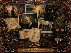 A richly layered vintage rock collage frames The Cranberries in warm sepia, bronze, black, and deep red tones. Concert photographs, handwritten lyrics, tickets, roses, instruments, tapes, and vinyl surround a central band portrait. Soft amber lighting, weathered textures, ornate gold details, and nostalgic memorabilia create a haunting, reflective atmosphere.