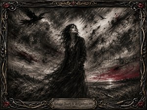 A windswept woman stands beneath a turbulent charcoal sky, surrounded by ravens, ghostly faces, swirling cables, and fragmented musical forms. Smoky blacks and grays dominate, pierced by deep cranberry red along the horizon. Dramatic storm light, feathered textures, and an ornate metallic frame create a haunting, restless alternative-rock atmosphere.