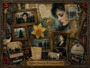 A richly layered vintage collage surrounds a melancholy female singer with faded band photographs, handwritten notes, daffodils, guitars, drums, records, roses, and concert memorabilia. Sepia browns, muted teal, black, and gold create a nostalgic mood, while soft aged lighting and distressed painterly textures evoke memory, longing, and emotional reflection.