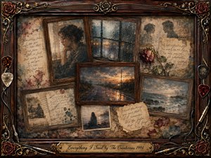 A nostalgic collage of fading memories fills an ornate rosewood frame, blending rain-streaked windows, handwritten notes, wilted roses, lonely figures, roads, and stormy coastlines. Muted sepia, gray-blue, dusty rose, and amber tones create a tender, melancholic mood. Painterly oil, acrylic, and watercolor textures glow softly beneath musical metalwork and decorative details.