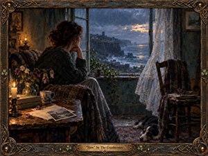 A solitary woman sits beside an open window in a weathered coastal cottage, gazing toward a storm-darkened sea and distant cliffs. Warm candlelight contrasts with cool blue rain, creating a mood of longing and reflection. Richly textured fabrics, flowers, photographs, lace curtains, and an ornate Celtic frame deepen the handcrafted, painterly atmosphere.