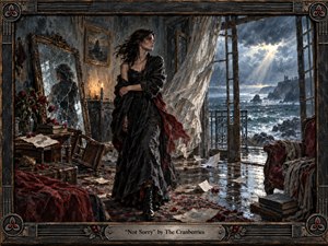 A dark-haired woman stands defiantly in a storm-battered seaside room, framed by cracked mirrors, scattered papers, wilted roses, and wind-tossed curtains. Cold blue-gray ocean light contrasts with warm candlelight and deep crimson accents. Rich oil-paint textures, weathered furnishings, breaking clouds, and an ornate metal-and-wood frame create a brooding, resilient atmosphere.