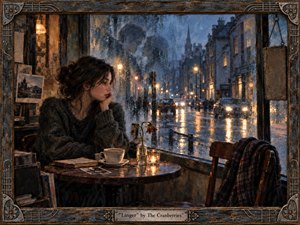 A solitary young woman sits beside a rain-streaked cafe window, gazing into a glowing blue-hour street while an empty chair, cooling cup, candle, photographs, and wilted flower suggest lingering absence. Cool slate blues and warm amber reflections blend through textured oil-and-wax brushwork, framed by weathered wood and delicate musical ornament.
