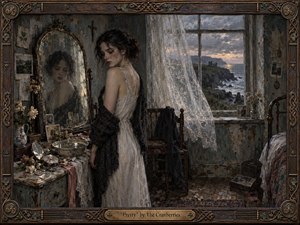 A solitary young woman stands beside an aged vanity in a weathered seaside room, her softened reflection deepening the sense of fragile introspection. Cool gray-blues, muted ivory, and tarnished bronze surround her beneath dim coastal light. Painterly textures, fluttering lace curtains, scattered keepsakes, and a Celtic-inspired frame create a haunting, intimate atmosphere.
