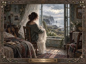 A solitary woman sits beside an open window overlooking a rugged seaside village and distant ruins, wrapped in soft gray-green knitwear and lace. Cool blues, weathered wood, muted florals, and warm sunlight create a wistful Sunday calm. Painterly textures, vintage furnishings, guitar details, and an ornate Celtic-inspired frame deepen the nostalgic atmosphere.