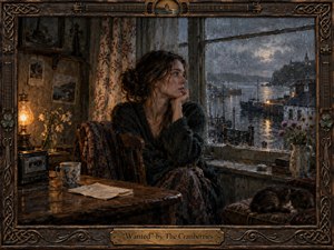 A pensive woman sits beside a rain-streaked harbor window, surrounded by worn wood, floral fabric, letters, flowers, and a sleeping cat. Warm lamplight contrasts with the stormy blue-gray coast outside, creating intimate melancholy. Rich painterly textures, Celtic-inspired framing, and a brass title plate evoke handcrafted, nostalgic folk-rock atmosphere.