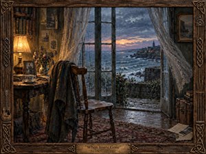 A warmly lit coastal cottage opens onto a stormy sea at dusk, where an empty wooden chair suggests absence and longing. Rain-streaked windows, billowing curtains, worn books, faded flowers, and a distant village create quiet melancholy. Rich browns, slate blues, and amber light give the detailed painterly scene nostalgic depth.