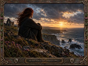 A solitary woman sits on a rugged coastal cliff, gazing toward a stormy ocean and glowing sunset. Wind tosses her dark hair as ruined stonework, wildflowers, seabirds, and crashing waves deepen the reflective mood. Warm amber light contrasts with slate-blue clouds, rendered in richly textured, cinematic realism within an ornate Celtic-inspired frame.