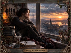 A contemplative woman sits beside a rain-streaked window overlooking a glowing riverside city at sunset. Warm amber light contrasts with cool gray-blue shadows, creating a reflective, nostalgic mood. Books, photographs, a journal, steaming mug, berries, and plants enrich the intimate setting, framed by ornate Celtic-inspired metalwork and musical details.