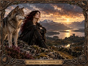 A solitary woman sits beside a watchful wolf on a rugged Highland ridge, overlooking a glowing lake, distant ruins, forests, and snow-touched mountains. Warm sunset light breaks through dramatic clouds, creating a reflective, untamed mood. Rich earth tones, intricate textures, and an ornate Celtic frame give the scene a handcrafted, cinematic quality.
