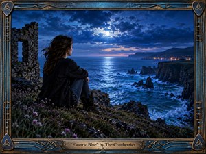 A solitary woman sits beside a weathered stone ruin on a rugged coastal cliff, gazing across a moonlit electric-blue sea toward distant village lights. Deep cobalt clouds, silver reflections, wildflowers, and jagged rocks create a wistful, introspective mood, framed by ornate bronze-blue metalwork with Celtic and musical details.