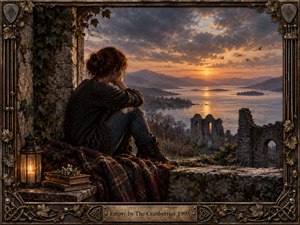 A solitary woman sits within ivy-covered stone ruins overlooking a tranquil lake and distant mountains at sunset. Warm amber light cuts through brooding gray clouds, contrasting with her dark clothing and weathered surroundings. A glowing lantern, old books, tartan blanket, Celtic metal frame, and engraved title plate deepen the melancholy, handcrafted atmosphere.