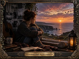 A solitary woman sits curled beside an open coastal window, gazing toward a glowing sunset over rugged cliffs and darkening sea. Warm amber light contrasts with the rooms shadowy browns and charcoal tones. Photographs, books, a guitar, lantern, and carved stone enrich the intimate, reflective atmosphere within an ornate musical frame.