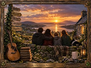 A family sits together on a stone wall overlooking a glowing coastal valley at sunset, surrounded by wildflowers, an old guitar, books, lantern light, and a welcoming cottage. Warm amber, green, and violet tones create a nostalgic, tender mood, framed by richly carved Celtic-inspired wood and bronze details.