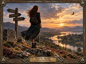 A red-haired woman stands on a windswept rocky overlook above a glowing river valley, facing a radiant sunset and distant mountains. Weathered signposts, Celtic stonework, heather, and a soaring bird suggest choice and freedom. Warm gold light contrasts with dark clothing, creating a reflective, hopeful, cinematic atmosphere.