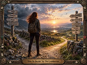 A lone woman stands at a rugged crossroads overlooking a sunlit valley, choosing between storm-shadowed uncertainty and a warm path toward open country. Golden light breaks through dramatic clouds, illuminating stone walls, wildflowers, and winding roads. The richly textured, cinematic realism is enclosed by an ornate Celtic-inspired musical frame.