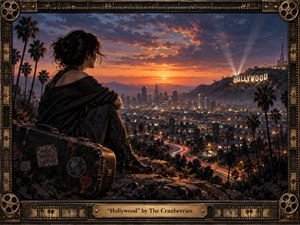 A solitary woman sits on a rocky overlook above Los Angeles at sunset, gazing toward the glowing Hollywood hills. Warm amber light fades into deep blue and violet skies, while city lights shimmer below. A weathered guitar case, palm trees, winding traffic trails, and ornate film-inspired framing create a reflective, cinematic atmosphere.