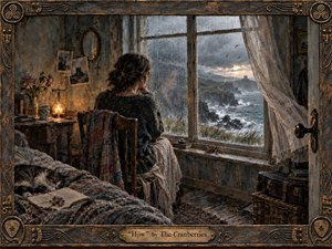 A solitary woman sits beside a rain-streaked cottage window overlooking a stormy rocky coast. Warm candlelight contrasts with cold gray-blue skies and turbulent sea, creating a mood of longing and introspection. Rich painterly textures, weathered wood, faded fabrics, photographs, flowers, and an ornate bronze-trimmed frame deepen the nostalgic atmosphere.