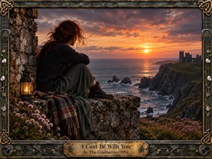 A solitary woman sits on a weathered stone wall overlooking a rugged coastal sunset and distant castle ruins. Warm orange light meets cool blue-gray sea and cliffs, creating a wistful, reflective mood. Wildflowers, a glowing lantern, textured fabric, and ornate Celtic framing enrich the cinematic, handcrafted composition.