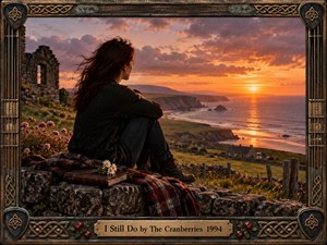 A solitary woman sits on a weathered stone wall overlooking a glowing coastal sunset, framed by rugged ruins, wildflowers, and distant cliffs. Warm orange light contrasts with cool stone and dark clothing, creating a reflective, nostalgic mood. The photorealistic scene is enclosed by an ornate Celtic-inspired metal and wood frame.