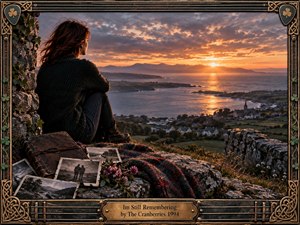 A solitary woman sits on a rocky coastal overlook at sunset, surrounded by faded photographs, a worn journal, wildflowers, and a tartan blanket. Warm amber light spreads across the sea and distant village, while dark clouds deepen the reflective mood. An ornate Celtic-inspired metal frame reinforces the nostalgic, handcrafted atmosphere.