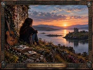 A solitary woman sits beside weathered stone ruins overlooking a tranquil lake and distant castle at sunset. Warm amber light spreads across the water beneath blue-gray clouds, creating a wistful, reflective mood. An old guitar, worn photographs, wildflowers, and a dark Celtic-inspired musical frame deepen the sense of memory and loss.