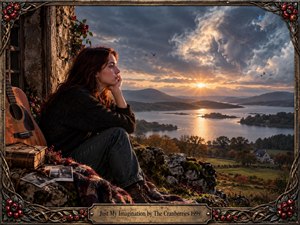 A contemplative woman sits beside a weathered stone ruin overlooking a tranquil mountain lake at sunset, surrounded by an acoustic guitar, photographs, and textured fabric. Warm amber light contrasts with cool storm clouds, where a ghostly face emerges. The ornate cranberry-and-metal frame reinforces the wistful, dreamlike, handcrafted atmosphere.