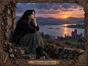 A dark-haired woman sits pensively on a weathered stone ruin overlooking a tranquil lake and distant mountains at sunset. Warm gold light reflects across the water beneath violet clouds, creating a wistful, romantic mood. Celtic knotwork, flowers, harp details, and aged bronze framing reinforce the handcrafted, nostalgic atmosphere.