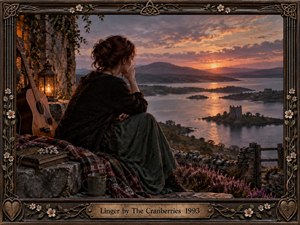 A solitary woman sits beside a weathered stone wall overlooking a tranquil lake and distant ruined castle at sunset. Warm amber light contrasts with deep charcoal clothing, muted greens, and violet heather. A guitar, lantern, blanket, journal, and flowers enrich the wistful, romantic scene, framed in ornate Celtic-inspired wood and metalwork.