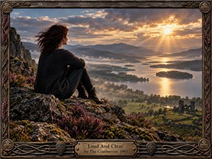 A solitary woman sits on a rocky, heather-covered hillside overlooking a misty lake, green valleys, distant mountains, and ruined stonework beneath a dramatic golden sunset. Warm light breaks through dark clouds, creating a reflective, hopeful mood. The realistic scene is enclosed by an ornate Celtic-style metal frame with a central engraved title plate.