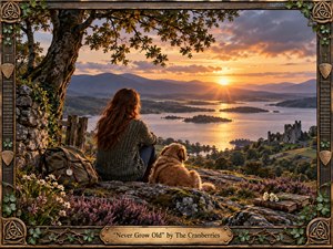 A red-haired woman and her golden dog sit on a rocky hillside overlooking a tranquil island-dotted lake and distant castle at sunset. Warm amber light breaks through layered clouds, illuminating heather, wildflowers, moss, and weathered stone. A Celtic-inspired wooden frame with ivy, guitar details, and brass title plate completes the nostalgic, handcrafted composition.