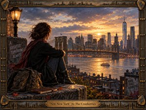 A solitary woman sits above the East River at sunset, facing the Brooklyn Bridge and glowing Manhattan skyline. Warm gold light reflects across the water beneath stormy blue-gray clouds, creating a hopeful yet reflective mood. Painterly textures, weathered stone, autumn leaves, urban graffiti, and an ornate bronze musical frame enrich the scene.